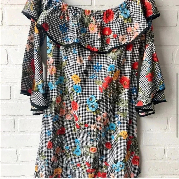 Zara Floral Gingham Off Shoulder Dress XS - Picture 3 of 6